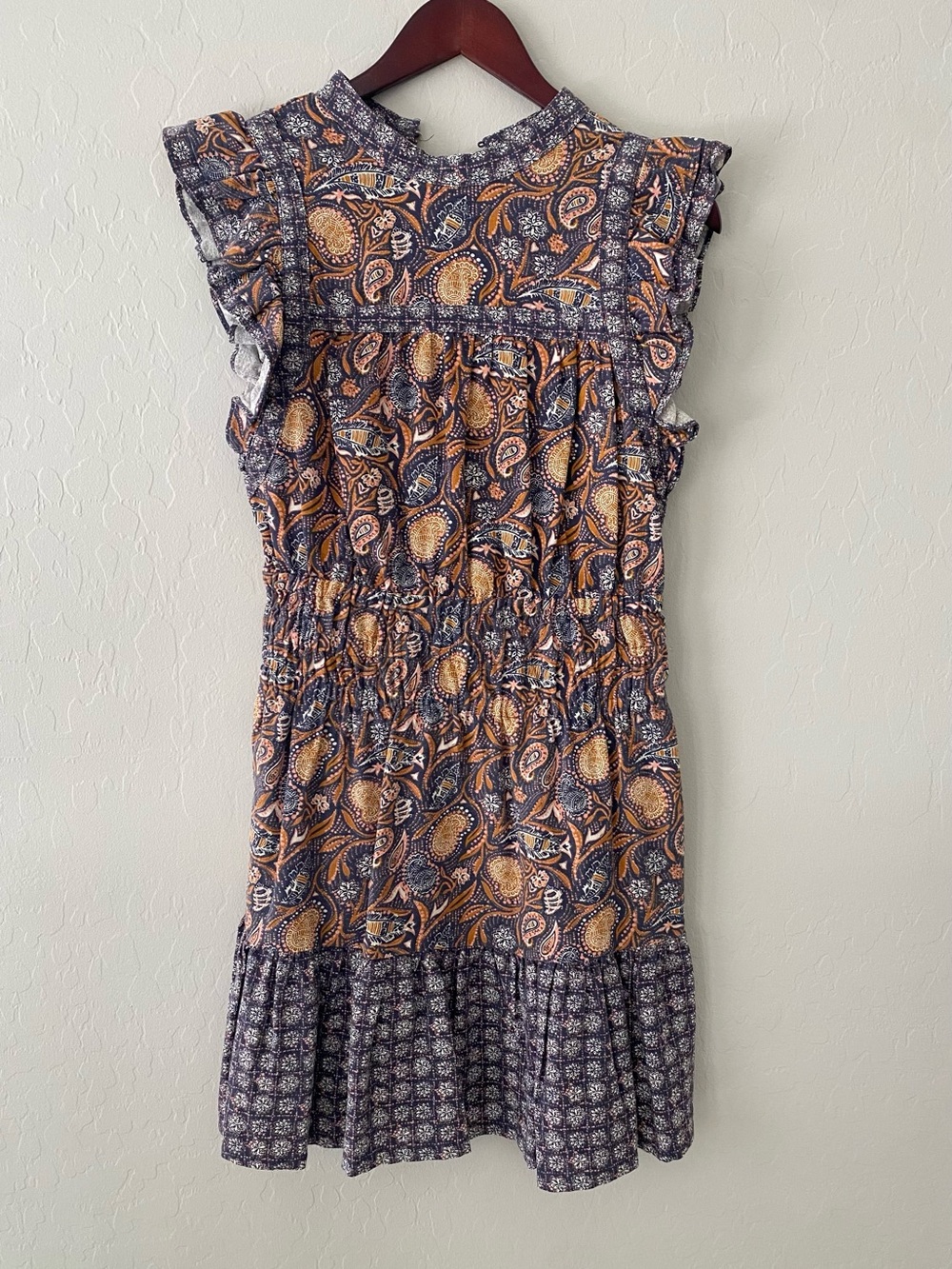 Universal Thread Navy and Mustard Paisley Ruffle Mini Dress